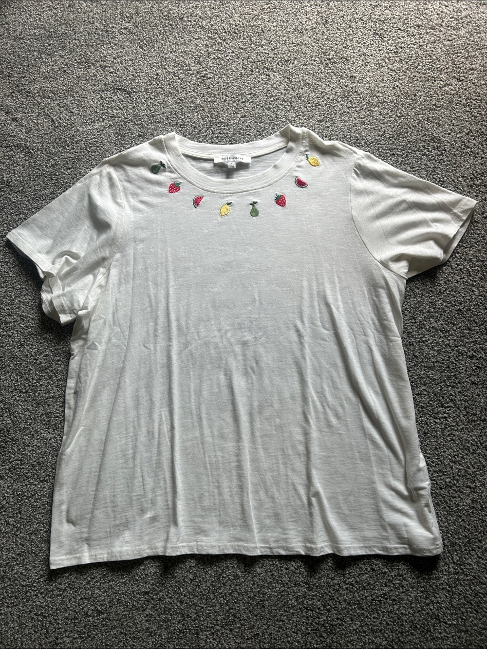 Rose & Olive White Short Sleeve Tee with Embroidered Fruit Garland